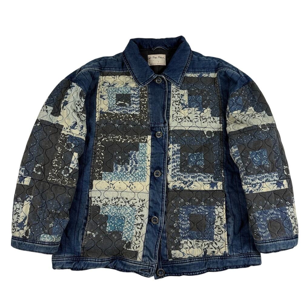 Free People Denim Patchwork Quilted Lined Jacket Womens Button Up Size Large